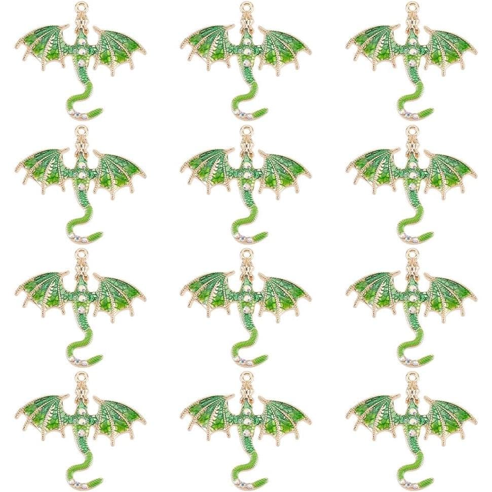 12 Peças de Pingentes de Dragão em Liga de Metal com Esmalte e Strass, Charms de Dragão Voador para Pulseiras, Colares,
