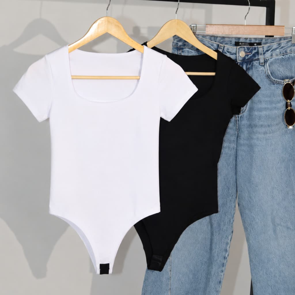 Kit 2 Body Feminino Decote Quadrado Manga Curta Suplex Verão 46ZO