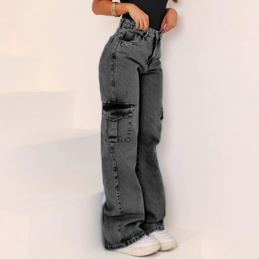 Calça Jeans Feminina de Perna Larga com Padrão Mármore - Cintura Alta Premium IACP