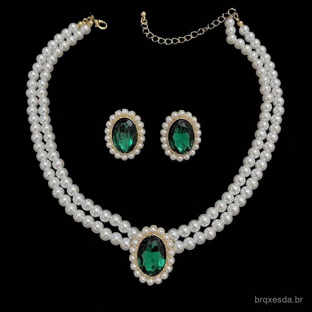 Colar De Pérolas Jóias De Casamento Acrílico Esmeralda Brincos Conjunto De 2 Peças Banquete Vestido