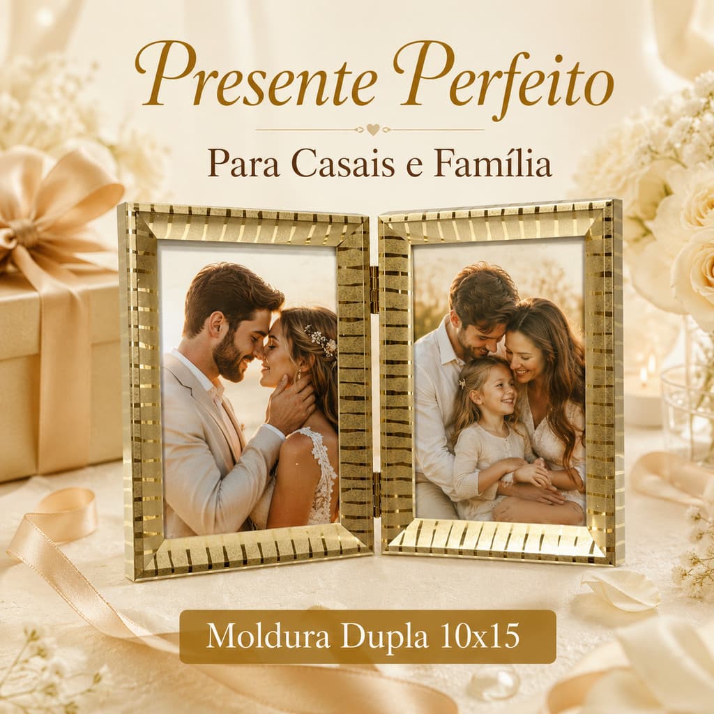 Porta-Retrato Duplo 10x15, Moldura Dupla Articulada, Porta-Retrato de Mesa Dourado para 2 Fotos