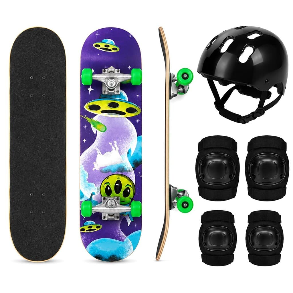 Skate Infantil Com Acessórios Estampa Alien Holográfica Capacete Joelheira Cotoveleira
