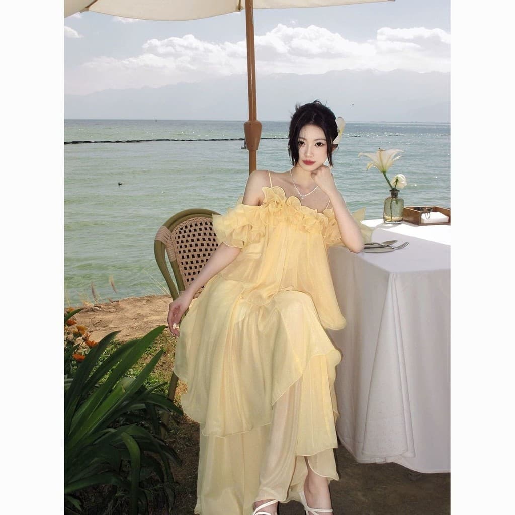 Vestido Tridimensional Folha de Lótus Feminino Férias Francesas