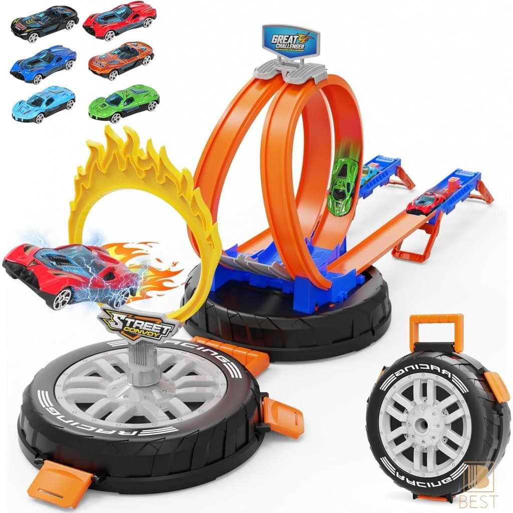 Caixa De Armazenamento Em Formato De Pneu Com Pista De Corrida-Conjunto De Infantil Para Carros De Brinquedo
