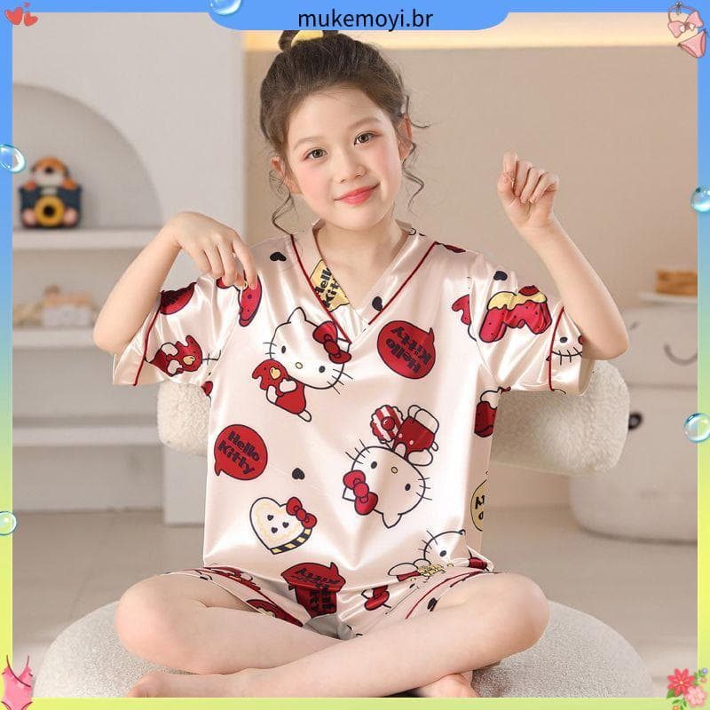 Pijamas infantis roupas de verão estilo fino meninas de manga curta roupas de ar condicionado médio grande ternos infant