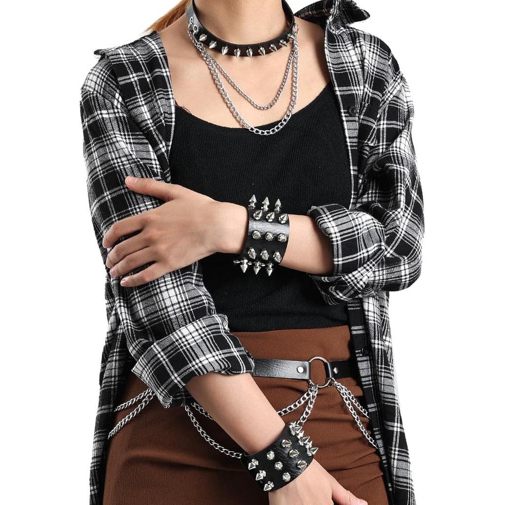 3 Pçs Couro Pico Gargantilha Cravejado Pulseira Punhos Conjunto Gótico Rebite Colar Pulseiras Puck Acessórios Para Homen