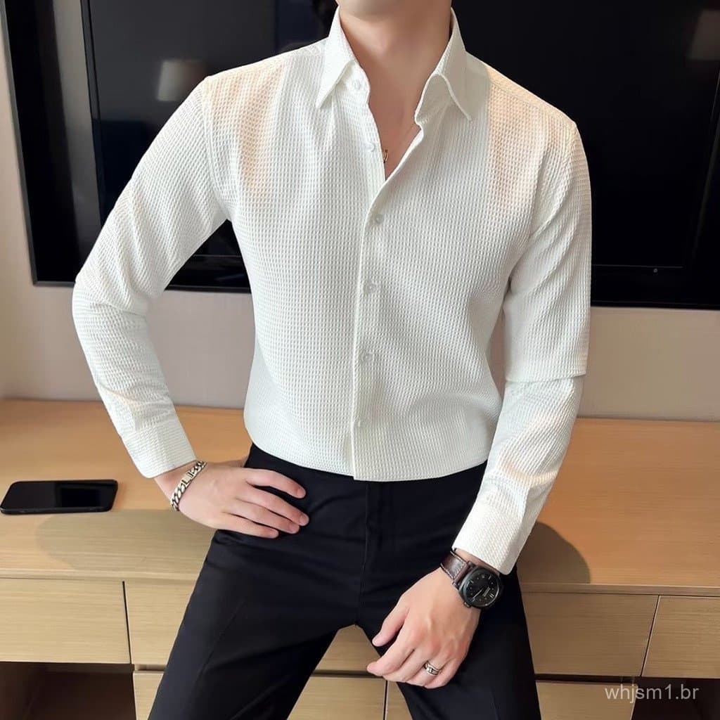 Camisa de Manga Longa Waffle, Camisa Slim-Fit Coreana, Camisa Masculina Preta, Sem Necessidade de Passar, Top de Negócio