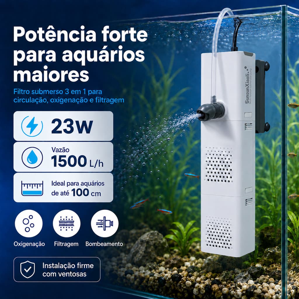 Filtro para Aquário com UV 4 em 1 Bomba Submersível 500 L/h ou 1500 L/h para Filtragem e Oxigenação
