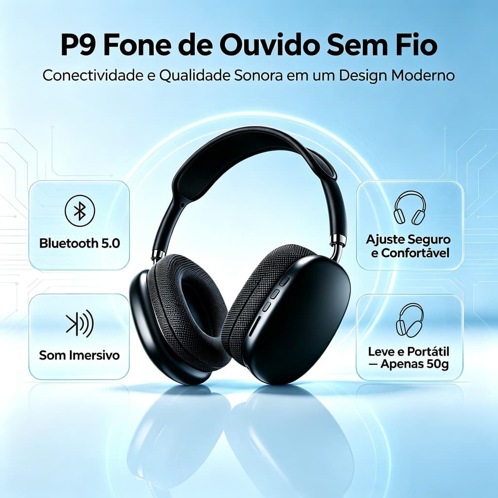 Presente Fone P9 Bluetooth 5.0 HiFi 7h Bateria | Som Imersivo Ergonômico 50g | Portátil Compatível Android iOS