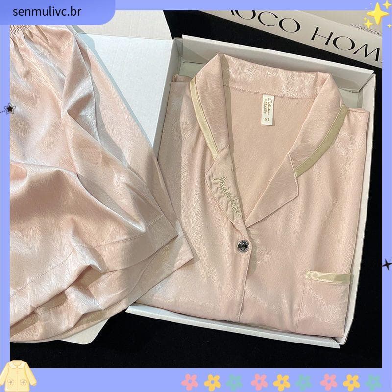 Loja venda quente pijamas de seda gelo feminino verão manga curta 2025 novo estilo High-End sentimento cor sólida estilo