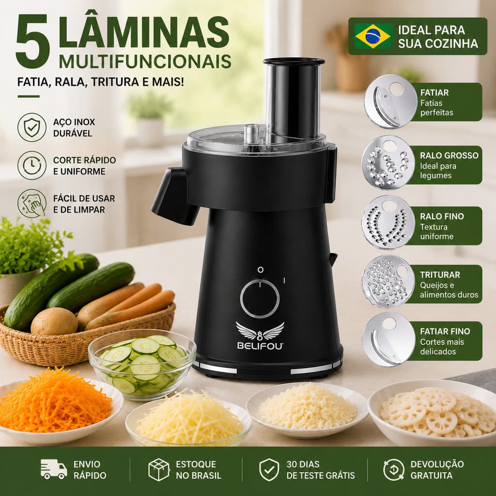 Ralador Fatiador Elétrico 5 em 1 com Bocal 80mm – Para Salada Frutas e Queijo