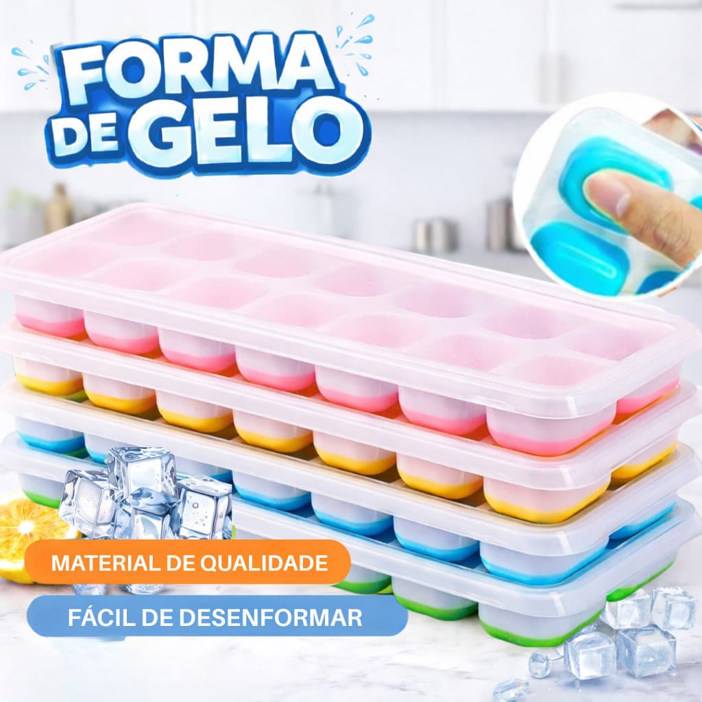 Kit 4 Formas de Gelo Silicone 14 Cubos com Tampa Rígida Fundo Flexível Desenforma Fácil Freezer