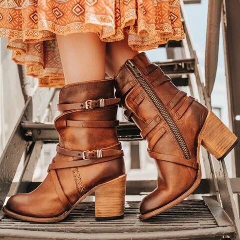 Novas botas femininas de salto médio, botas longas, botas de couro femininas, botas vintage de salto grosso.