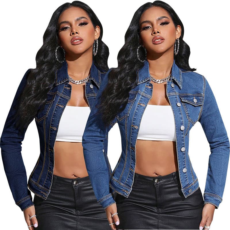 Moda Feminina Cortada Manga Comprida Lapela Bolso Jaqueta Jeans slim fit top De Rua