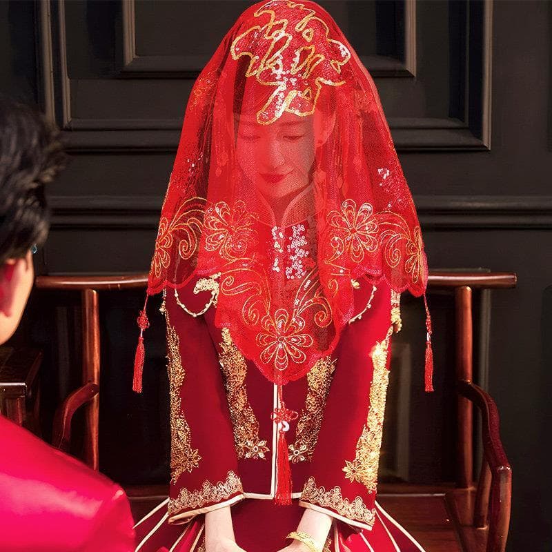 Nupcial vermelho bandana casamento translúcido véu Xiuhe roupas Xipa casamento chinês vermelho mascarado bandana suprime