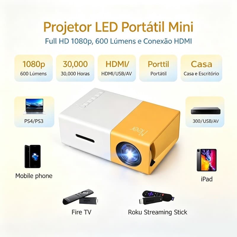 Mini Projetor Portátil Led 1080p 600 Lúmens Hdmi YG300 Envio Imediato AIRER.BR
