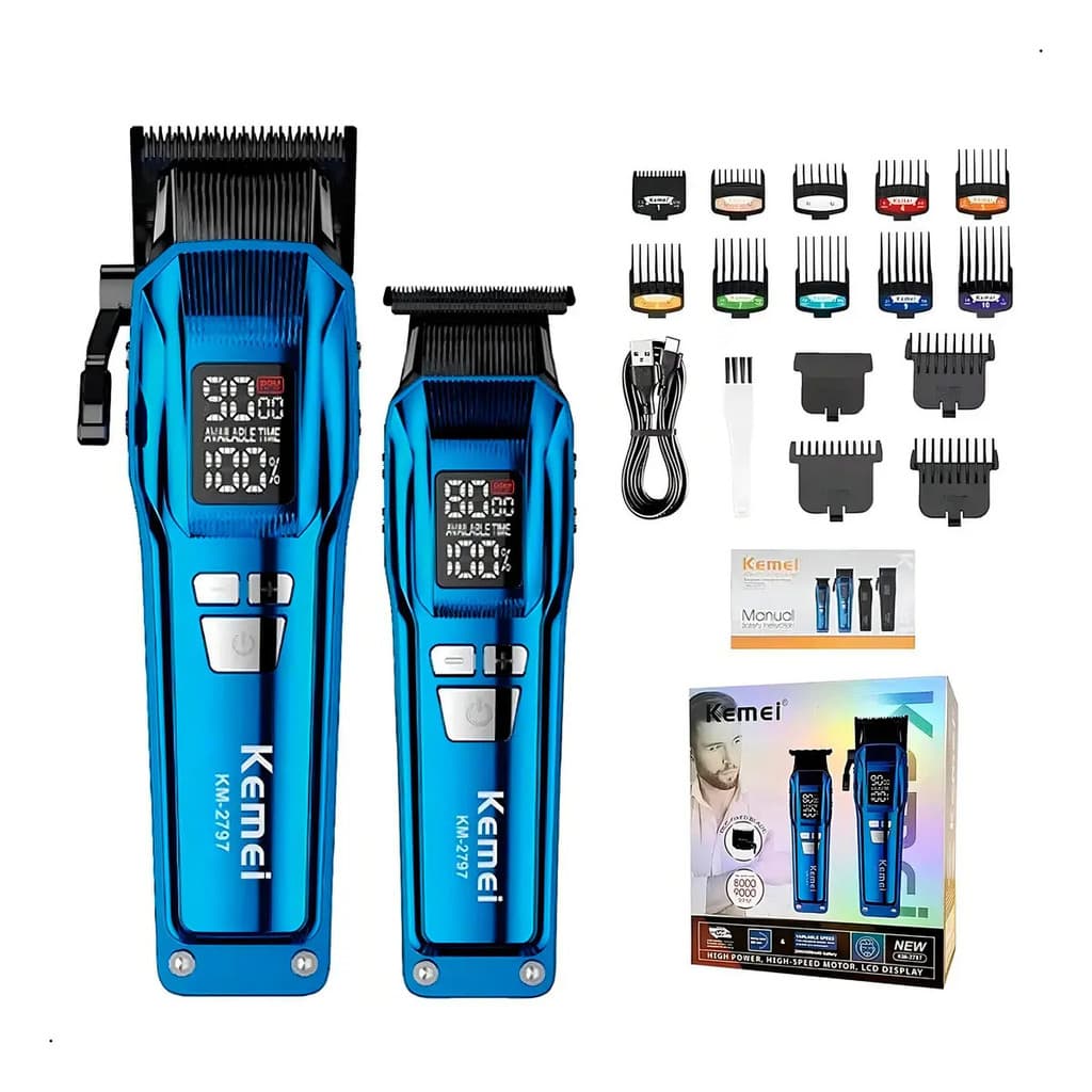 Kit Máquina De Cortar Cabelo E Acabamento Kemei KM-2797 Azul Profissional Recarregável