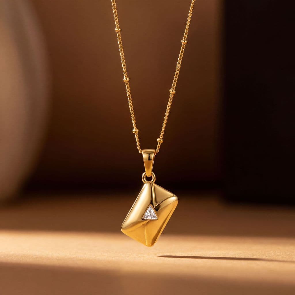 Novo colar de zircônia em formato de envelope de carta de amor em aço inoxidável, banhado a ouro 18K, de alta qualidade