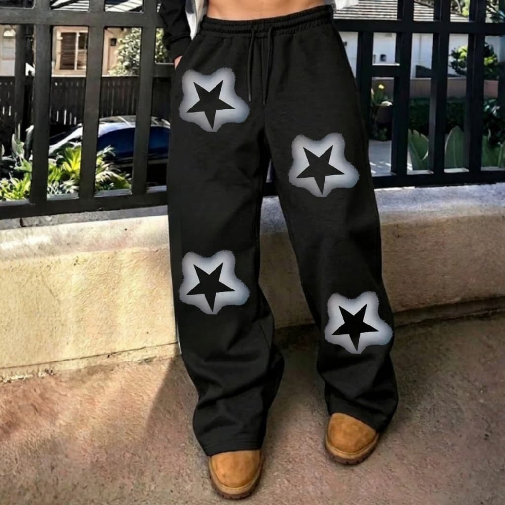 Calça Moletom Wide Leg Unissex Aesthetic Estrelas Gótica Streetwear