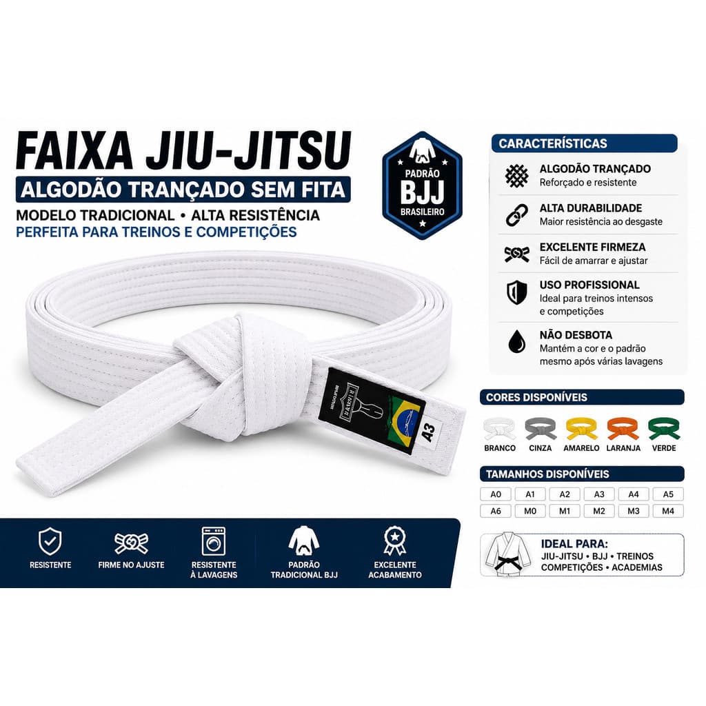 Faixa Jiu-Jitsu Sem Fita Cores Oficiais Ideal para Academia e Competição