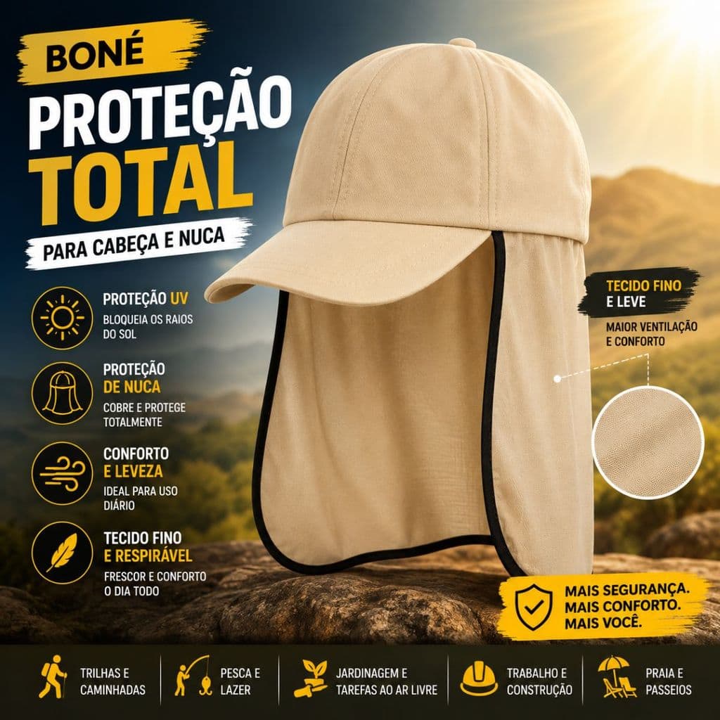 Boné Unissex Proteção Solar UV com Capa de Nuca para Atividades ao Ar Livre