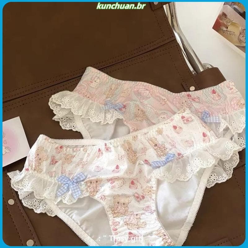 Doce creme urso de secagem rápida tamanho grande japonês bonito dos desenhos animados Lolita meninas calcinha renda cint