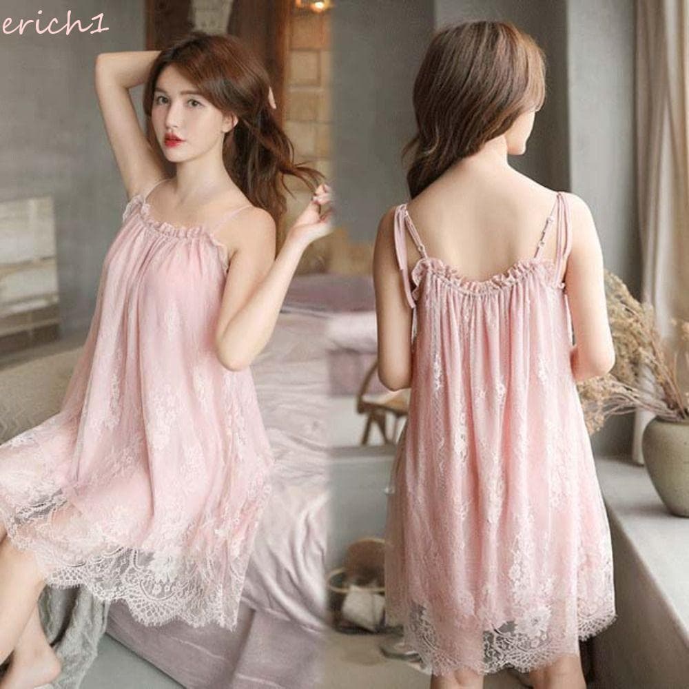 ERICH1 Pijamas Femininos , Camisola Com Suspensório Fino Borda Babados , Pijama De Flor De Renda Feminina Solta