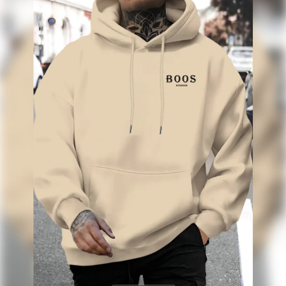 Moletom com capuz estampada "BOOS" para homem - Pulôver casual de manga comprida com capuz com cordão, 100% Algodão, aj
