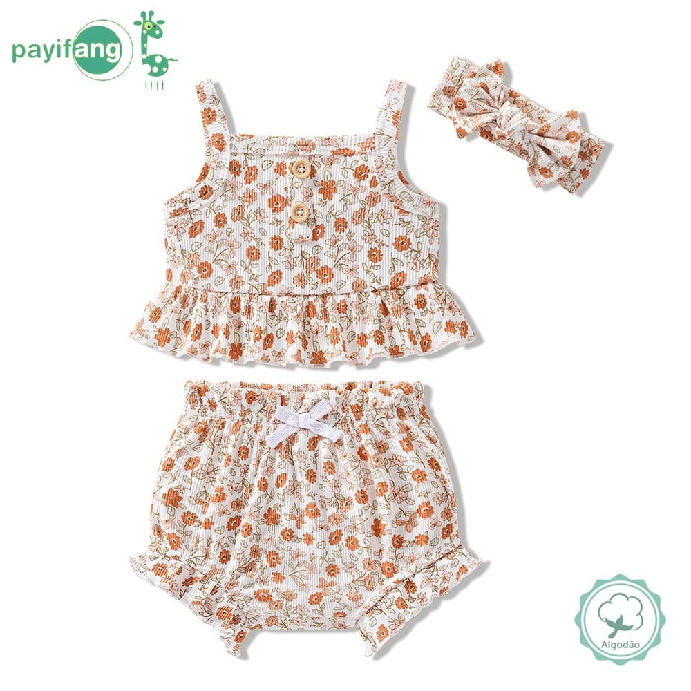 Kit 3 Peças Conjunto de Verão Bebê Menina 60% Algodão 40% Poliéster Blusa Alça Floral + Short + Faixa de Cabelo