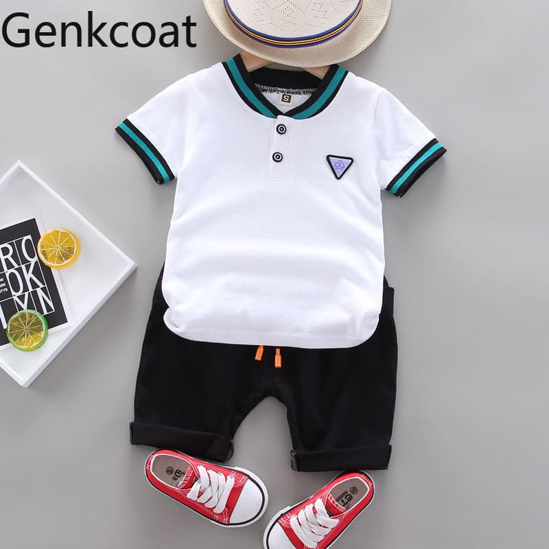Terno de algodão infantil meninos Shorts de manga curta conjunto de duas peças verão bebê triângulo logotipo topo moda m