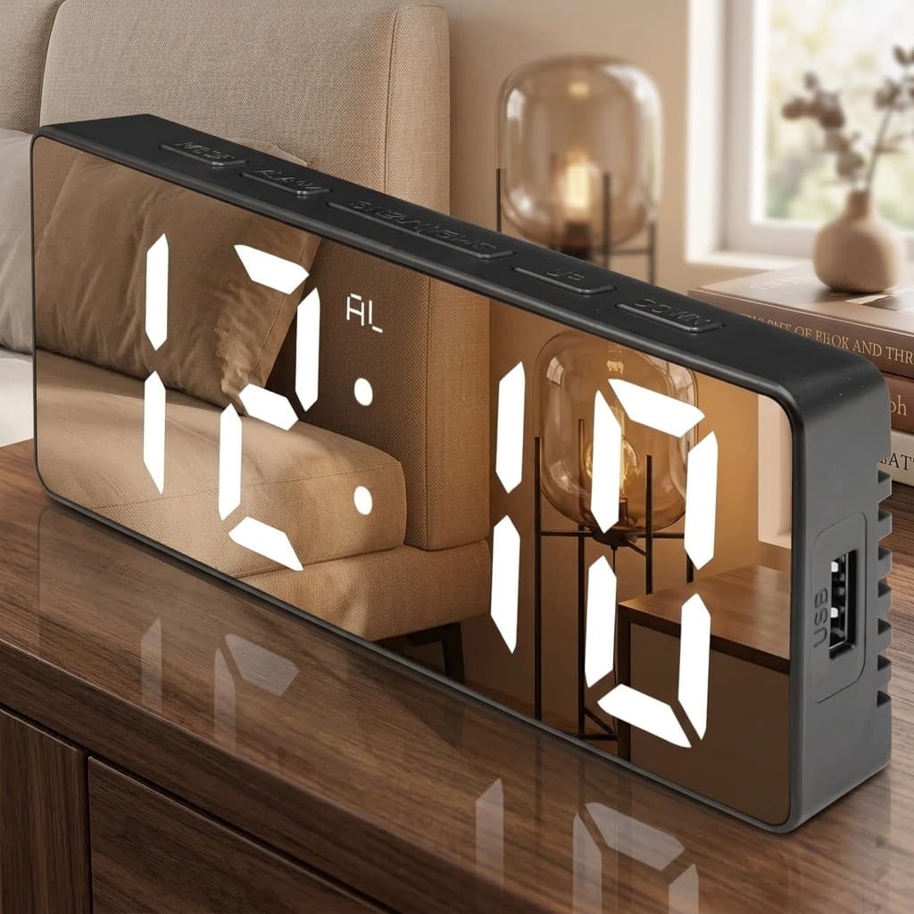 Relógio Digital LED Espelhado Despertador de Cabeceira Temperatura