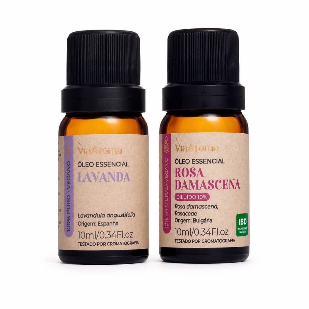 Óleos Essenciais Via Aroma Lavanda 10ml + Rosa Damascena 10% Para Aromaterapia