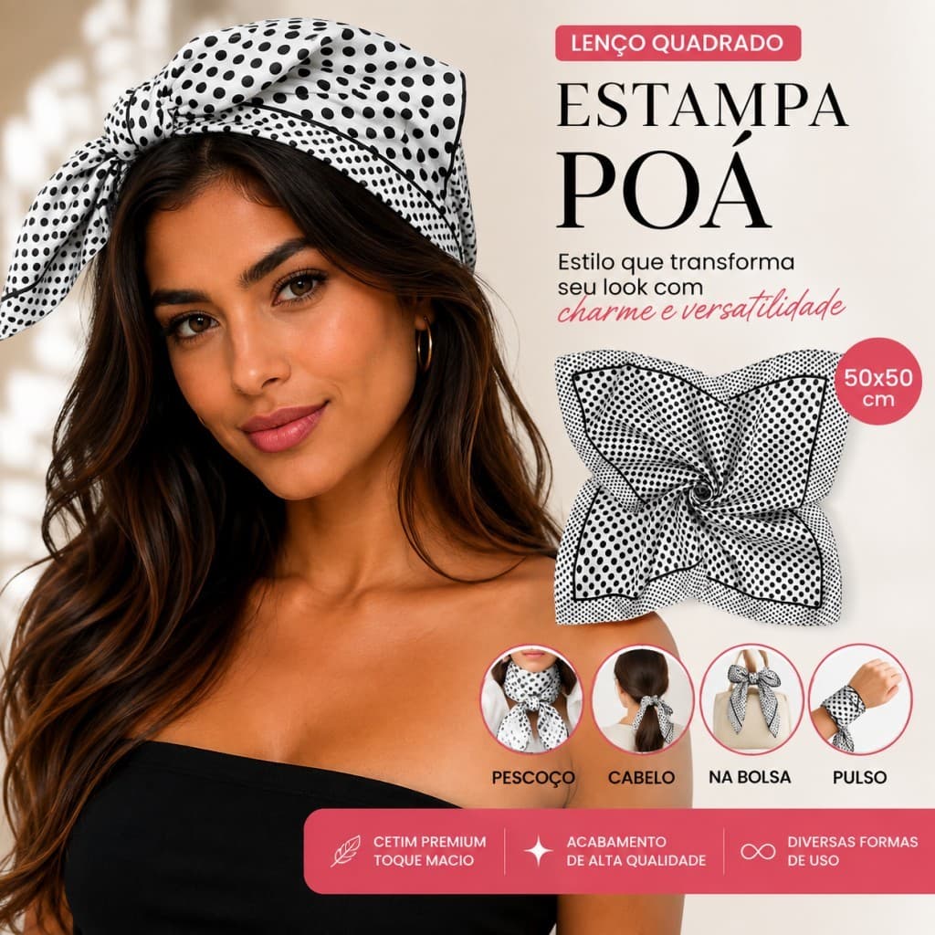 Lenço Feminino de Cetim 50x50cm Poá, Lenço para Cabelo, Pescoço e Bolsa