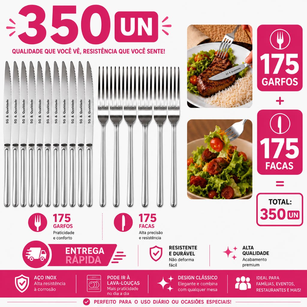 Jogo 350 Talheres 175 Garfos 175 Facas Faqueiro de Mesa Restaurantes Marmitaria Pizza Eventos