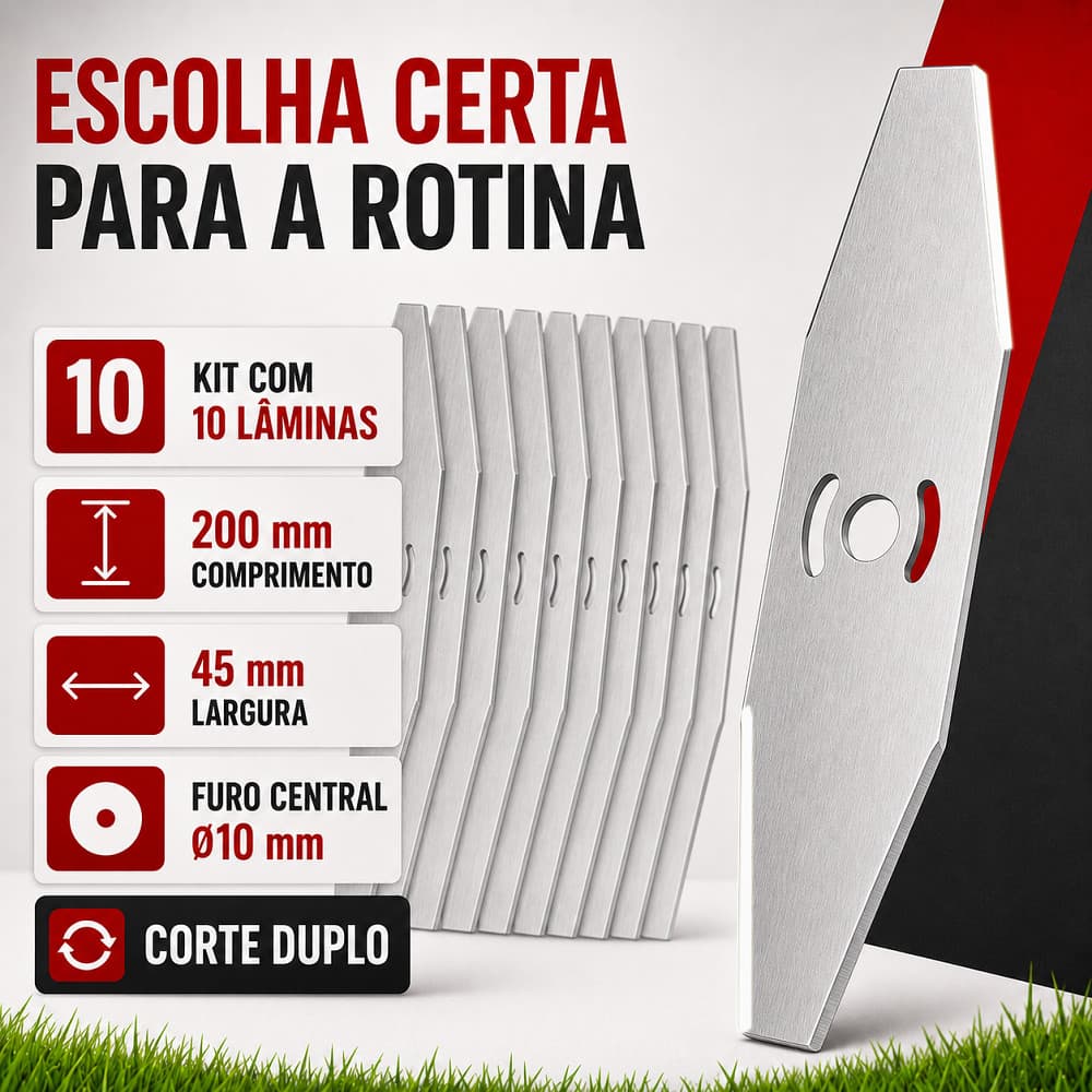 Lâmina 200 mm Furo 10mm 2 Pontas para Roçadeira – Kit 10 Peças Heyplus, Aço Resistente e Corte Firme