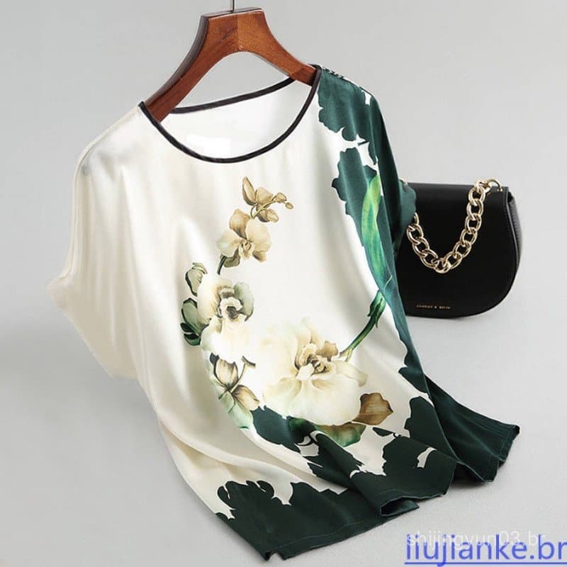 Blusa Básica Feminina com Estampa Floral, Manga Curta Dupla, Camisa de Seda Satinada para Mulheres 025 RUBM CCGM