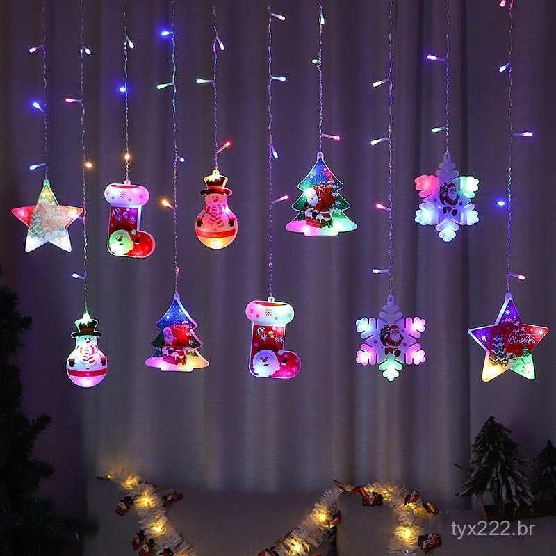 Cortina De Natal Leds Com Bonecos De Natal Cascata Com Pisca RGB