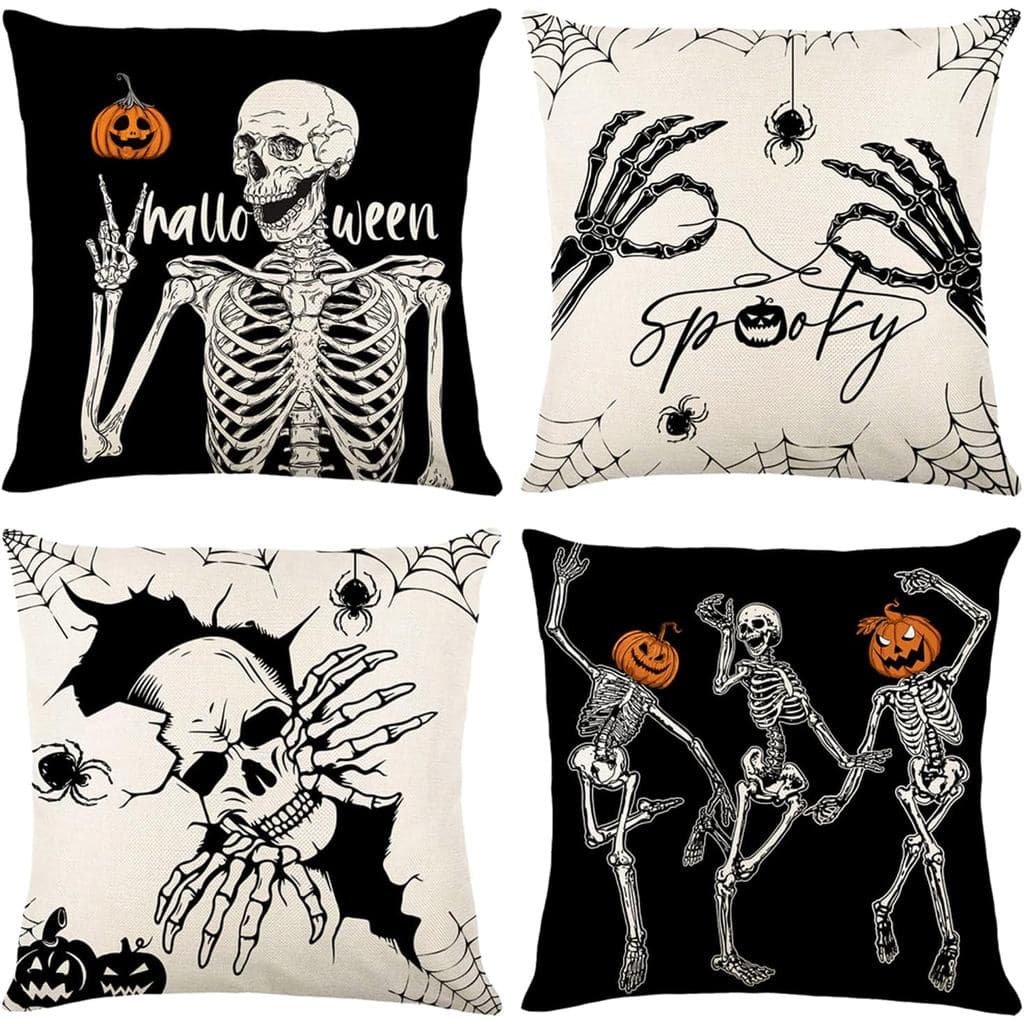 Capas de Almofada de Halloween 18x18 polegadas, Conjunto de 4 Capas de Almofadas com Esqueleto Dançante e Mãos de Caveir