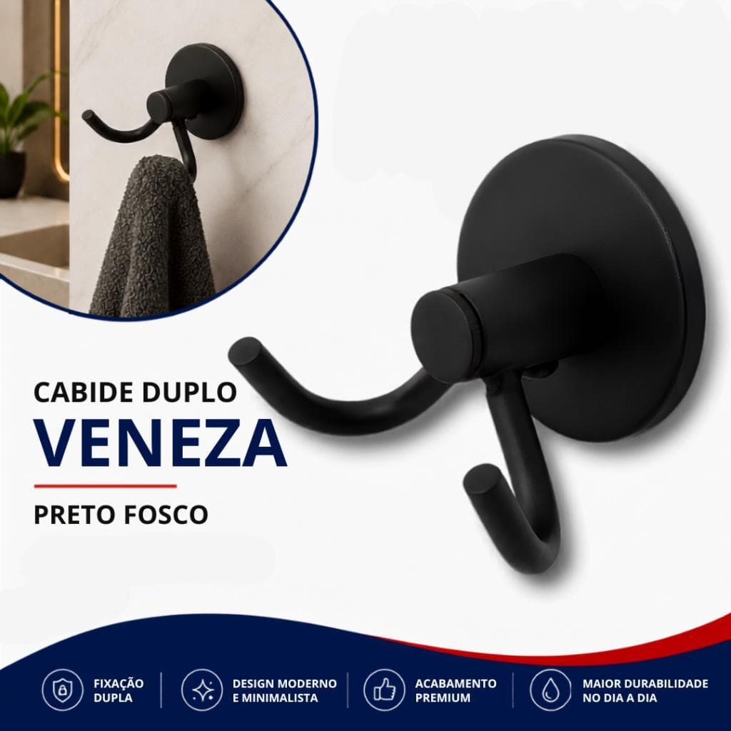 Cabide Ganho Preto Duplo Veneza Aço Inox Alumínio Acessórios Para Banheiro