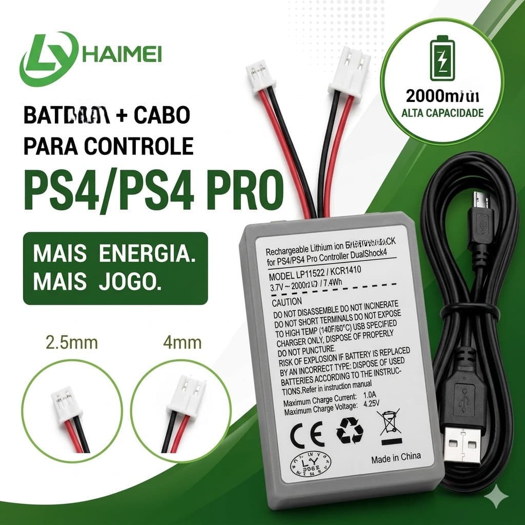 Bat Recarregável para Controle PS4 Pro / Slim - 2000m  Ah LIP1522 / KCR1410