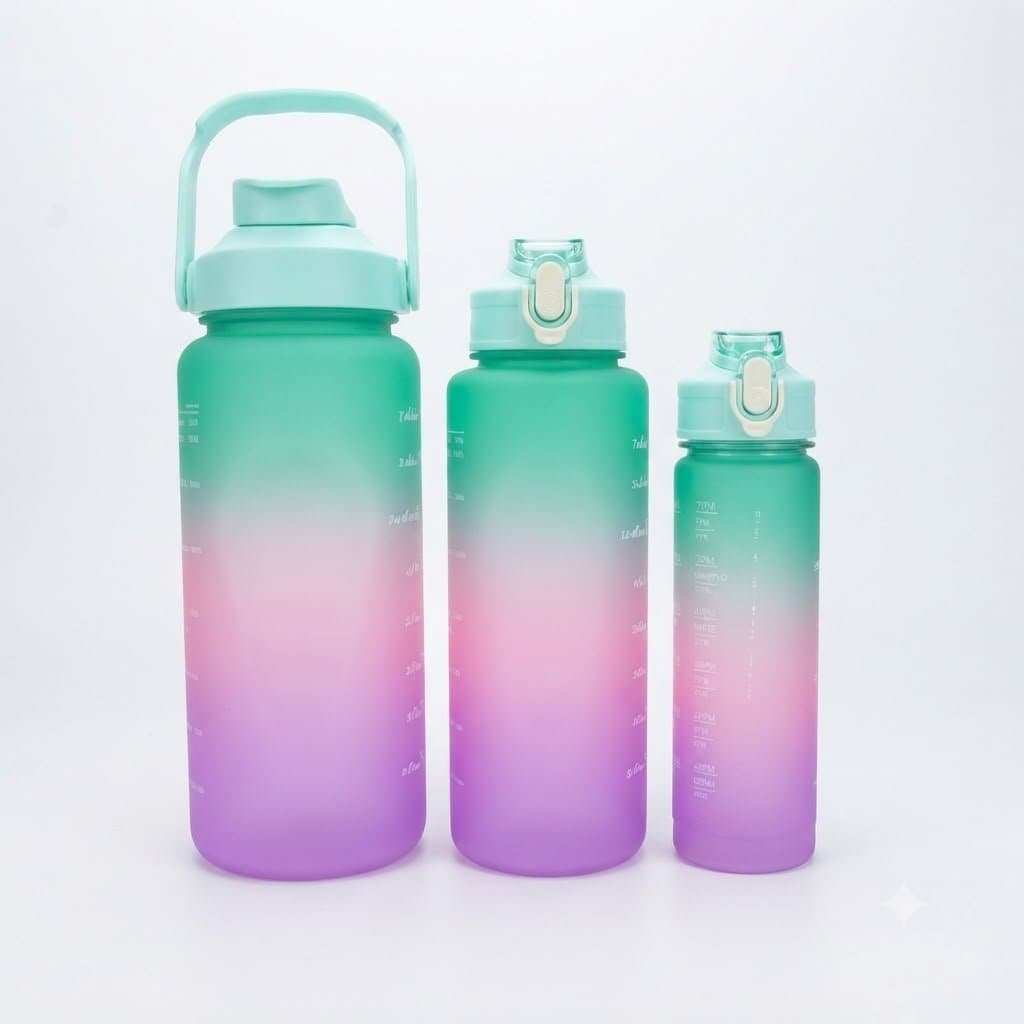 Kit 3 Garrafas de Água Motivacionais Degradê 2L, 700ml e 280ml com Marcador de Horário e Alça