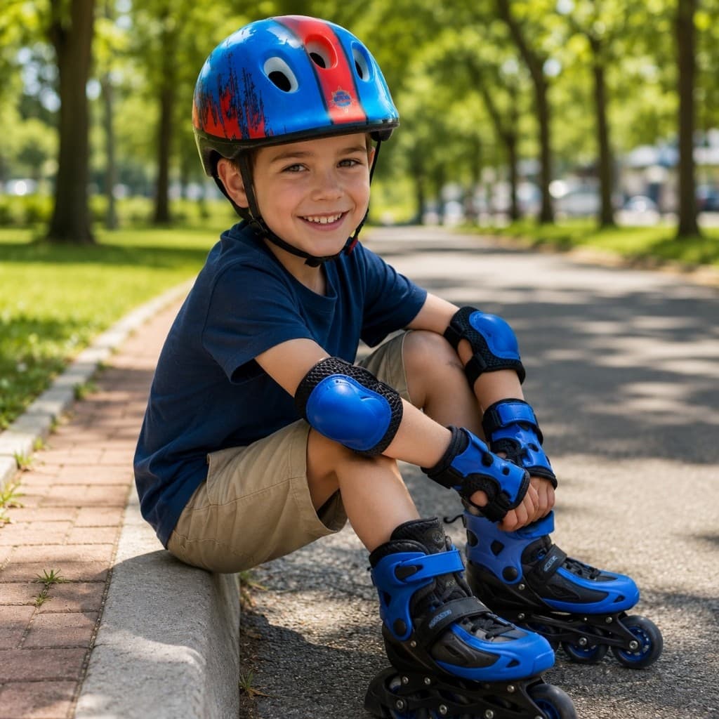 Kit Completo Protecao Infantil Set 7 Pecas Capacete Patins Joelheira Azul Vermelho
