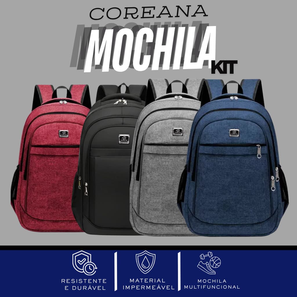 Kit Bolsa Mochila Coreana Resistente Masculina Feminina Multifuncional Unissex