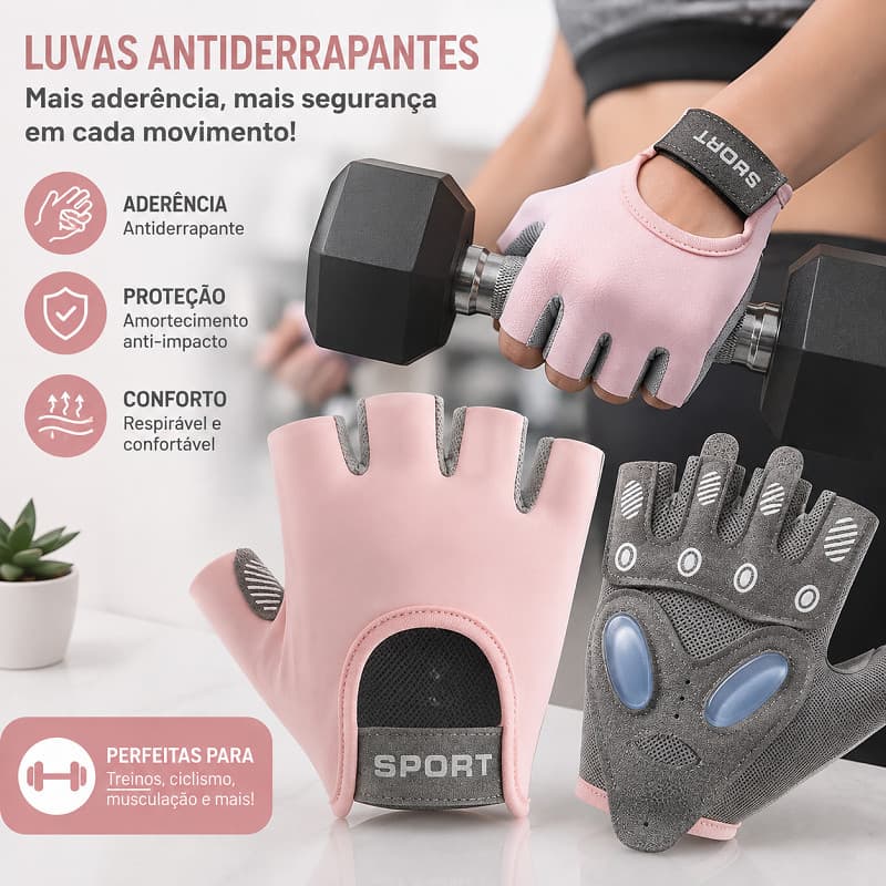 Luvas Esportivas Femininas Sem Dedos Silicone Antiderrapante com Almofadas para Academia