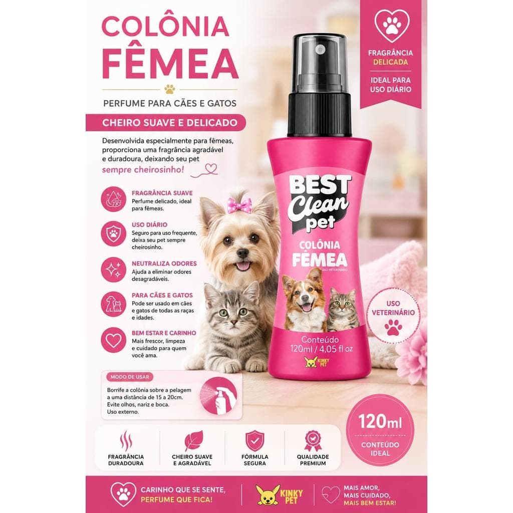 Colônia Pet Fêmea 120ml Best Clean Pet - Perfume Suave para Cães e Gatos, Spray