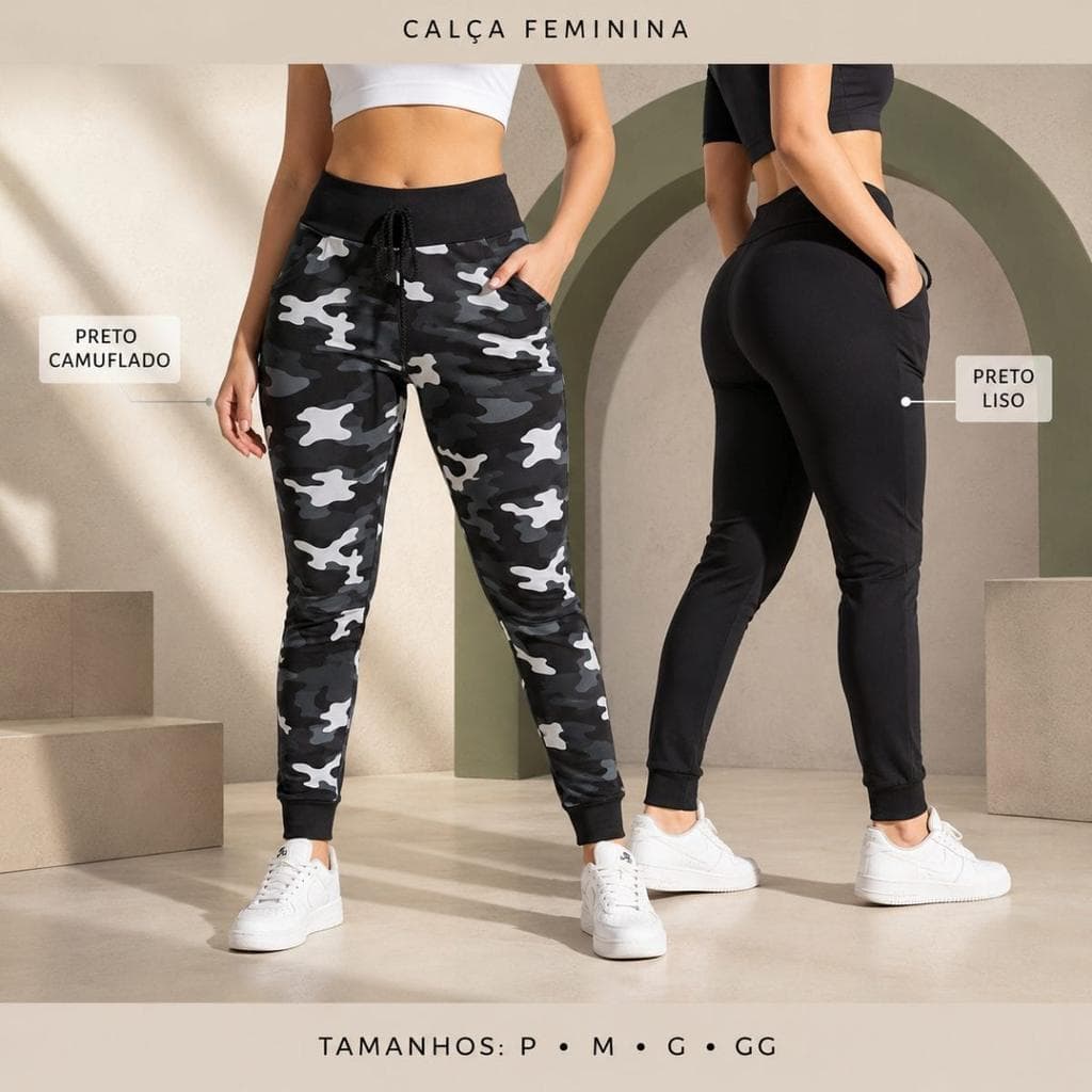 Calça Fitness Feminina Suplex com Elastano M Preta Camuflada - Cós Largo, Cordão e Bolsos