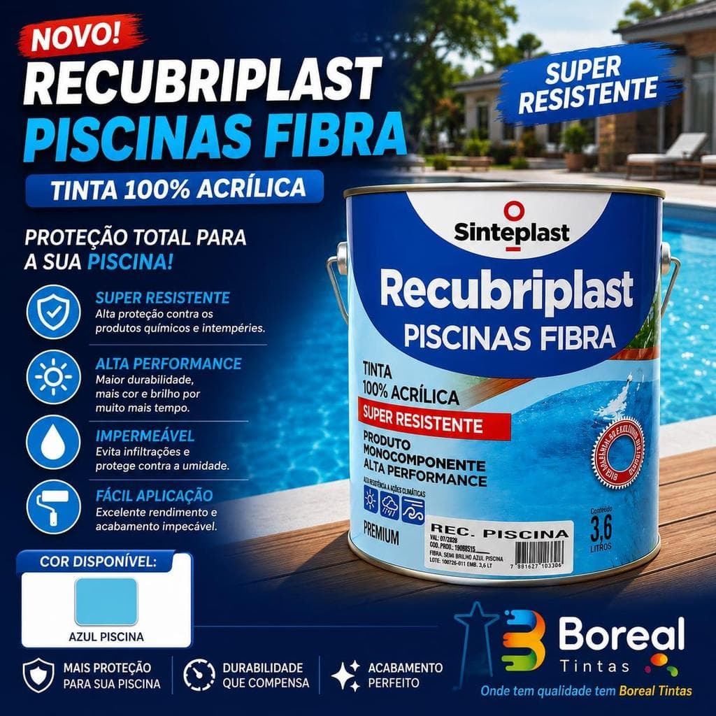 Tinta Para Piscina Fibra Recubriplast Azul Piscina 3,6L 100% Acrílica