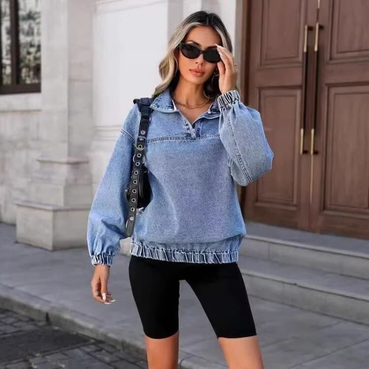 Jaqueta jeans moda feminina roupas 2025 outono lavagem solta em torno do pescoço zíper jaqueta jeans