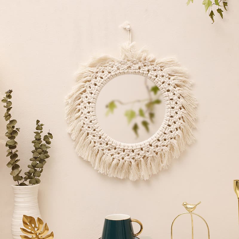 Venda quente-corda de algodão boêmia tecido à mão borla espelho decorativo acrílico sem perfuração espelho de parede sim