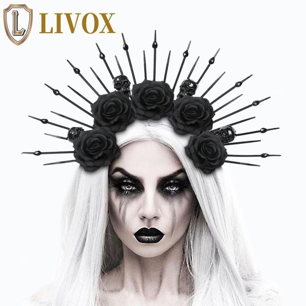 LIVOX Tiara De Véu De Rosa Com Caveira , Argolas De Cabelo De Halloween Preta , Aros Flor Gótica De Plástico